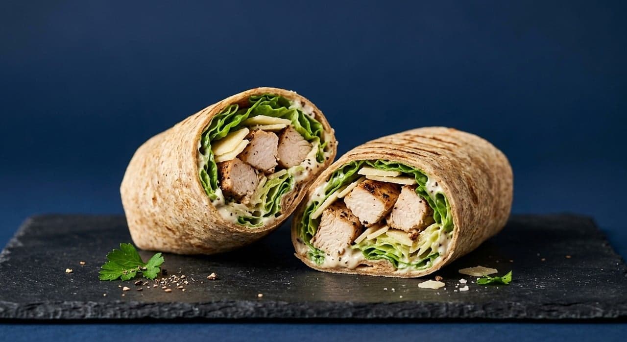 A chicken and salad wrap cut in half on a slate